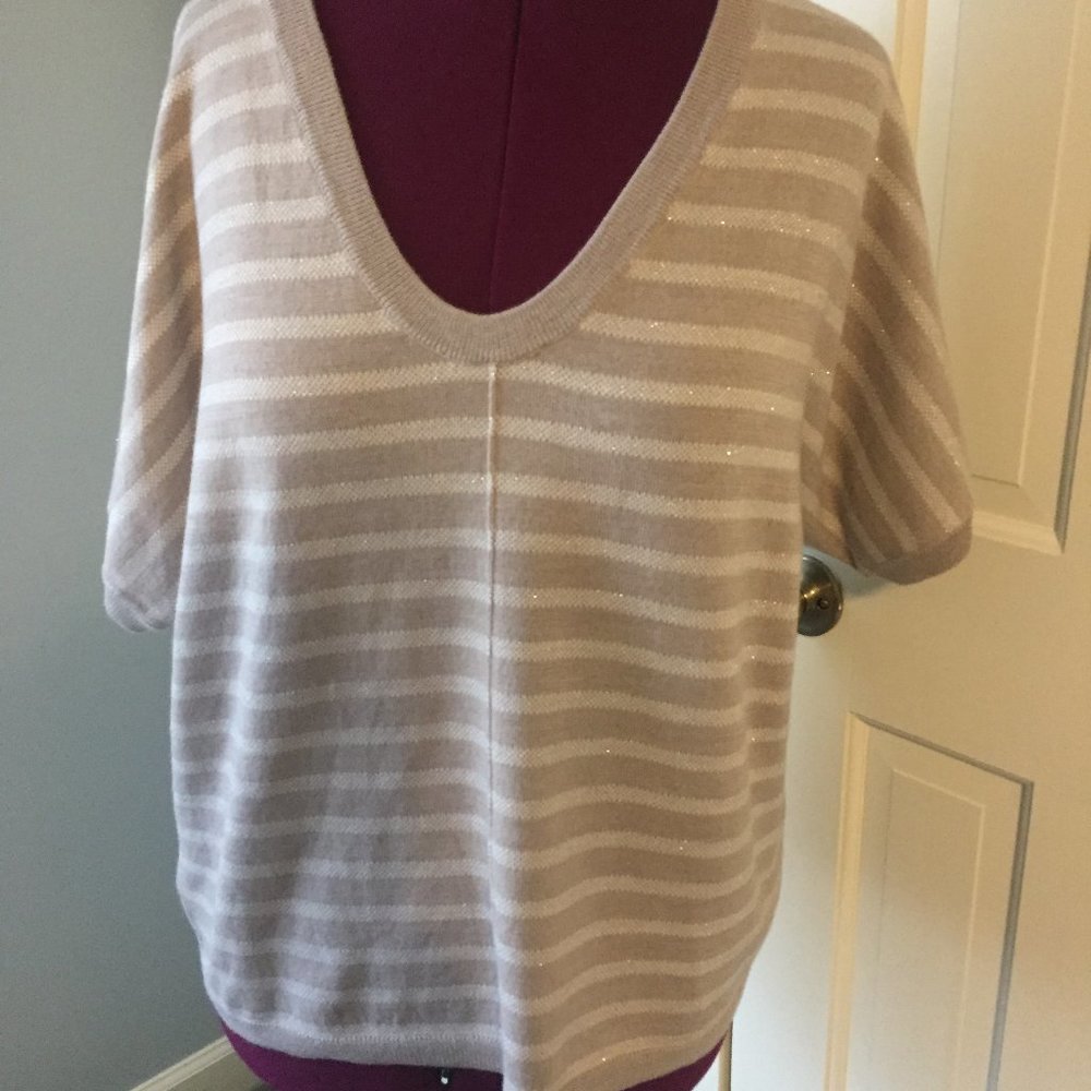LOFT LADIES SZ. L PULLOVER SWEATER TOP SCOOP V-NECK METALLIC THREADS STRIPED